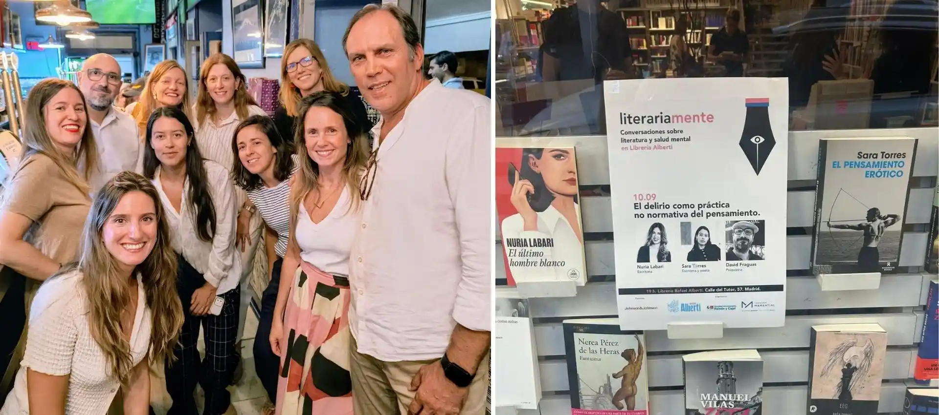 los participantes de literariamente junto al escaparate de la Librería Alberti que muestra el cartel del encuentro y los libros de las escritoras participantes